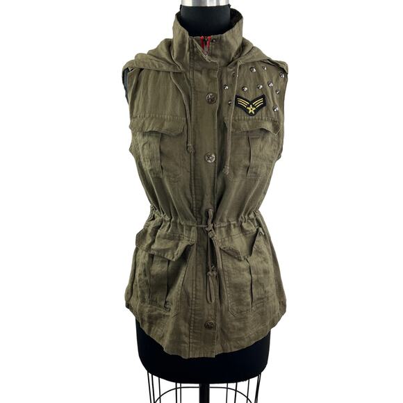 LOVE TREE Olive Green Linen Sleeveless Cinched Waist Military Hooded Vest Top S? - Picture 1 of 6